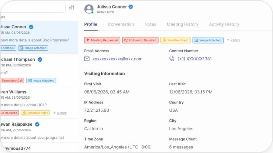 Full prospect profile with conversation history, CRM sync, and recommended next actions
