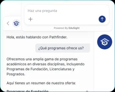 EduSight chatbot answering a prospective student's program question in Spanish