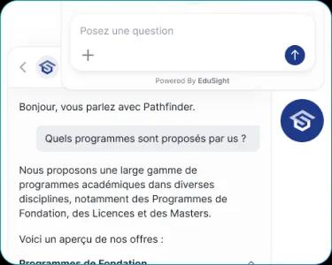 EduSight chatbot answering a prospective student's program question in French