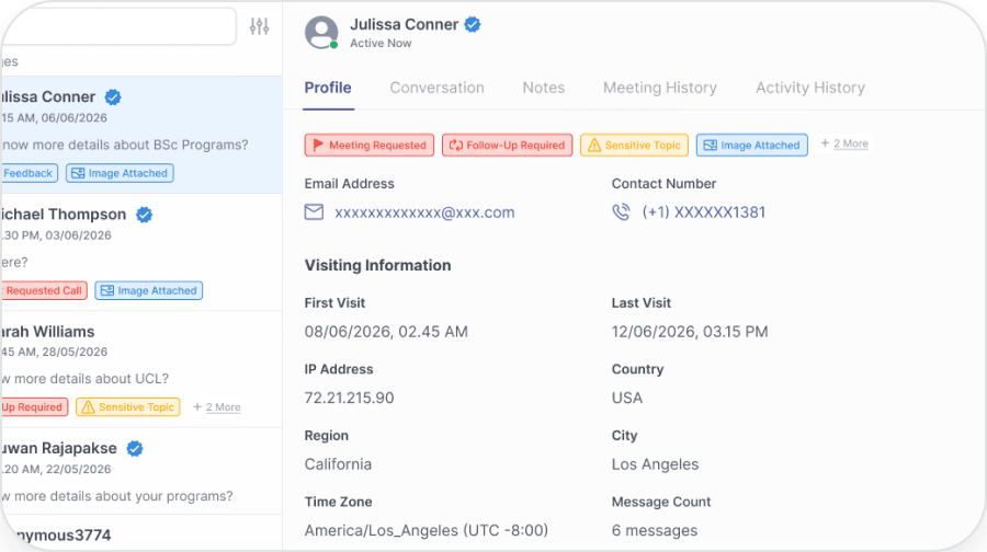 Full prospect profile with conversation history, CRM sync, and recommended next actions