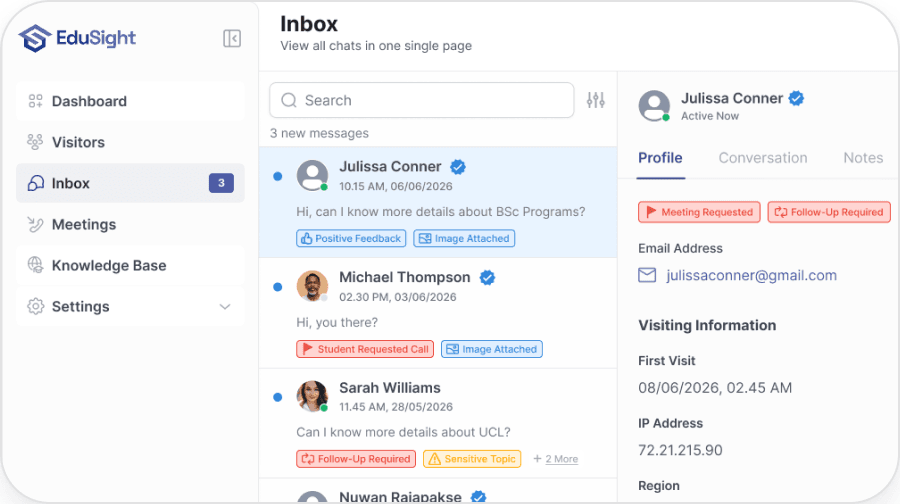 Prioritized student lead queue showing Hot, Warm, and Cool intent scores in EduSight