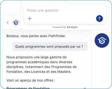EduSight chatbot answering a prospective student's program question in French