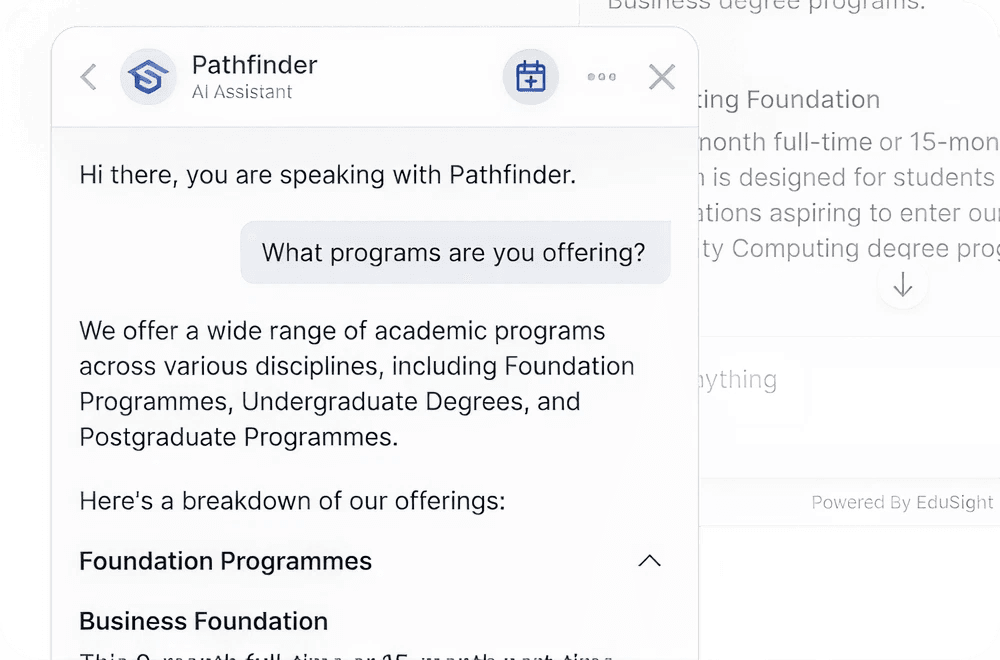 EduSight answering a program-specific admissions question with faculty, deadline and scholarship details