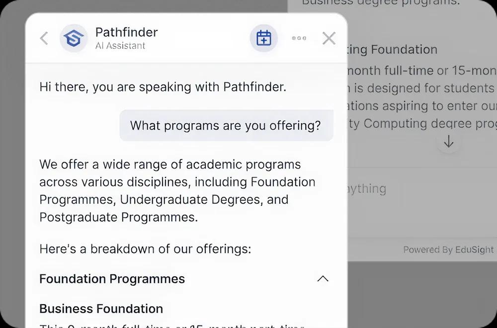 EduSight answering a program-specific admissions question with faculty, deadline and scholarship details