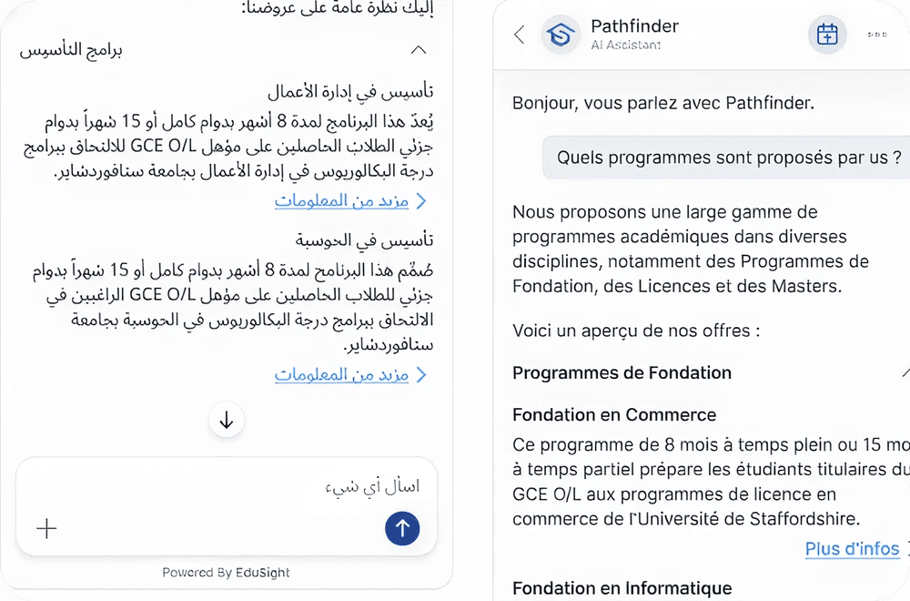 EduSight engaging an international prospect on WhatsApp in their own language